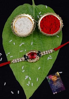Set Of 2 Beaded Bhabhi Bhaiya Rakhi With Greeting Card And Roli Chawal