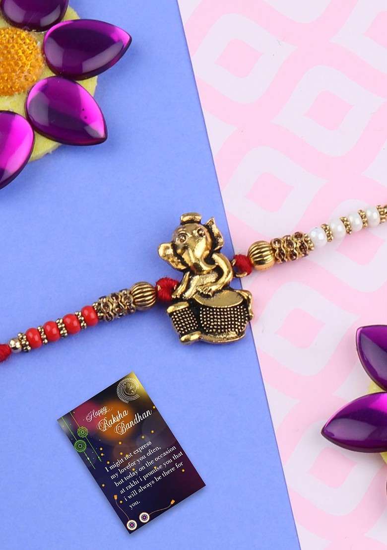 Set Of 2 Beaded Bhabhi Bhaiya Rakhi With Greeting Card And Roli Chawal - Indya