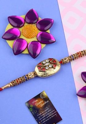 Set Of 2 Stone Studded Rakhi With Greeting Card And Roli Chawal