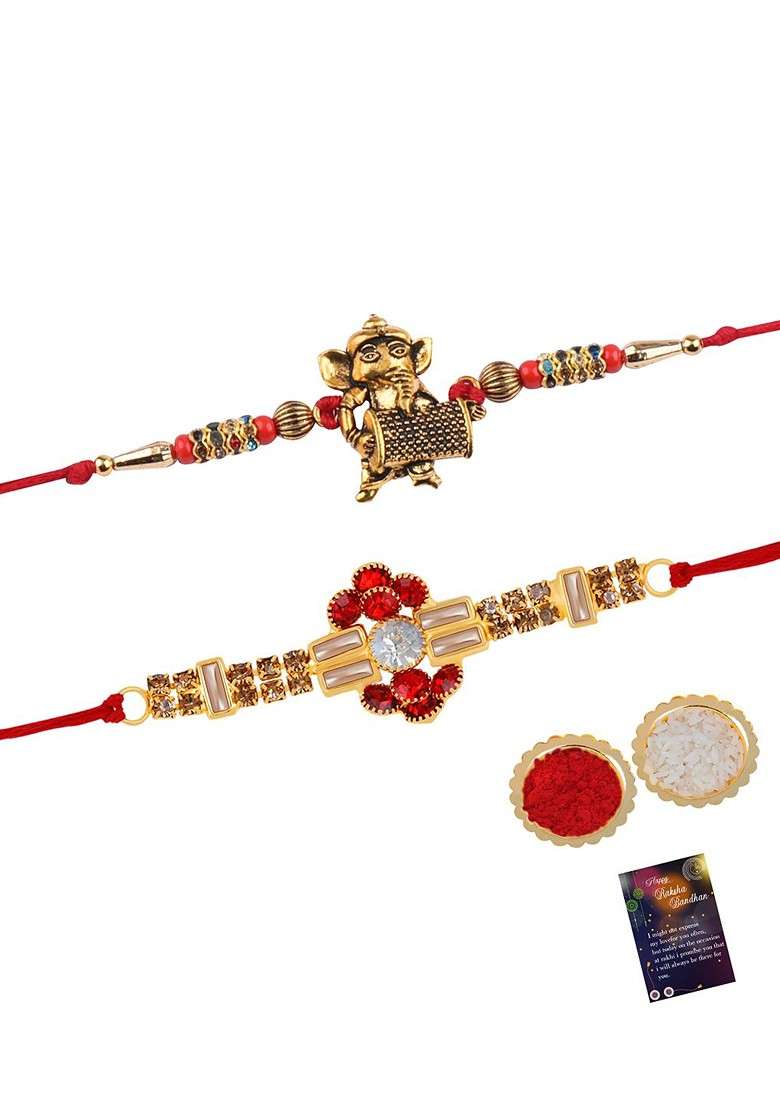 Set Of 2 Bhabhi Bhaiya Thread Rakhi With Greeting Card And Roli Chawal - Indya
