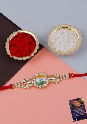 Set Of 2 Charm Detail Rakhis With Roli Chawal And Greeting Card