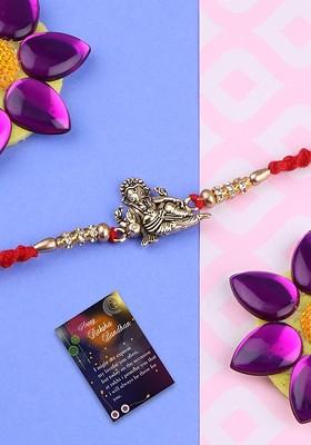Set Of 2 Charm Studded Thread Rakhi With Greeting Card And Roli Chawal