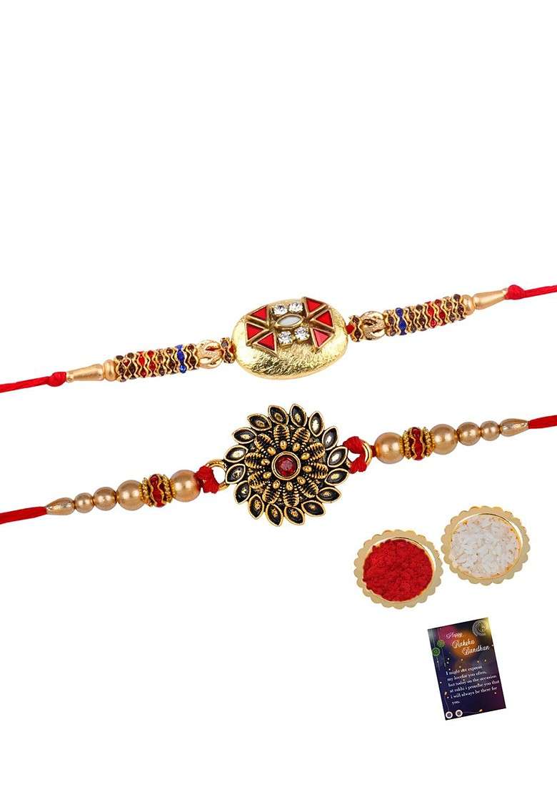 Set Of 2 Stone Studded And Beaded Rakhis With Roli Chawal And Greeting Card - Indya
