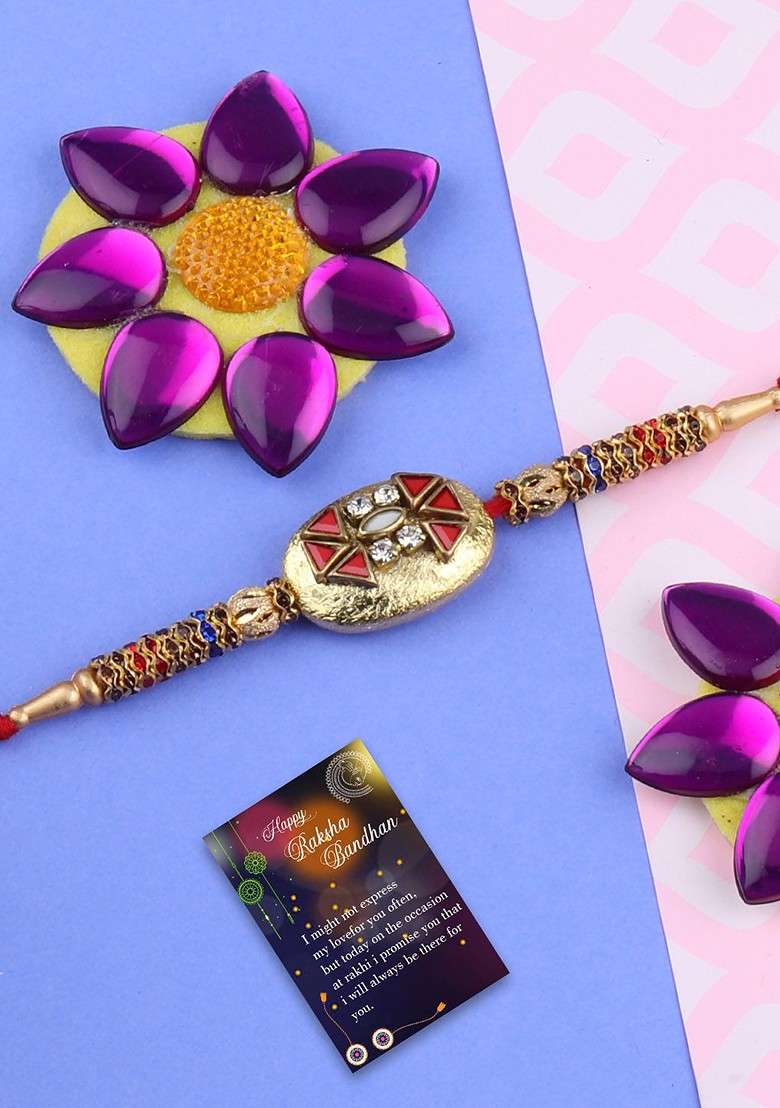 Set Of 2 Stone Studded And Beaded Rakhis With Roli Chawal And Greeting Card - Indya