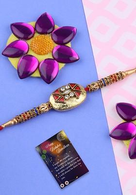 Set Of 2 Stone Studded And Ganesha Charm Rakhi With Roli Chawal And Greeting Card