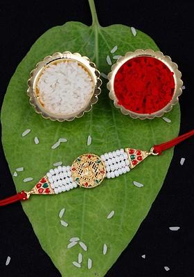 Unisex Set Of 2 Stone Studded And Beaded Rakhi With Greeting Card And Roli Chawal