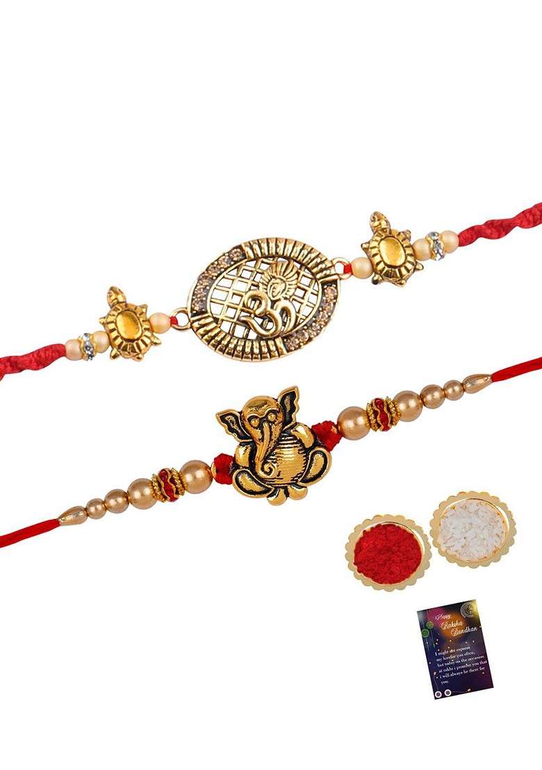 Unisex Set Of 2 Stone Studded And Beaded Thread Rakhi - Indya
