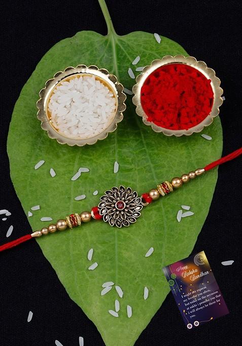 Unisex Set Of 2 Rakhis With Roli Chawal And 1 Greeting Card