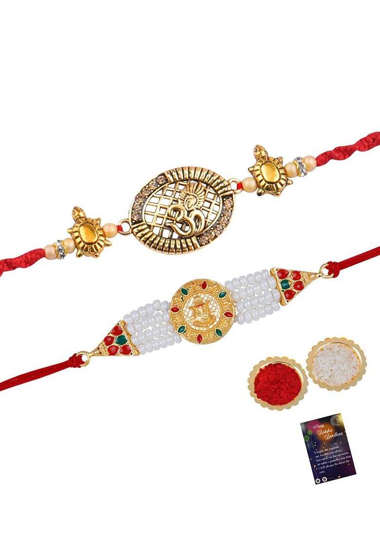 Unisex Set Of 2 Bhaiya Bhabhi Rakhi With Greeting Card And Roli Chawal - Indya