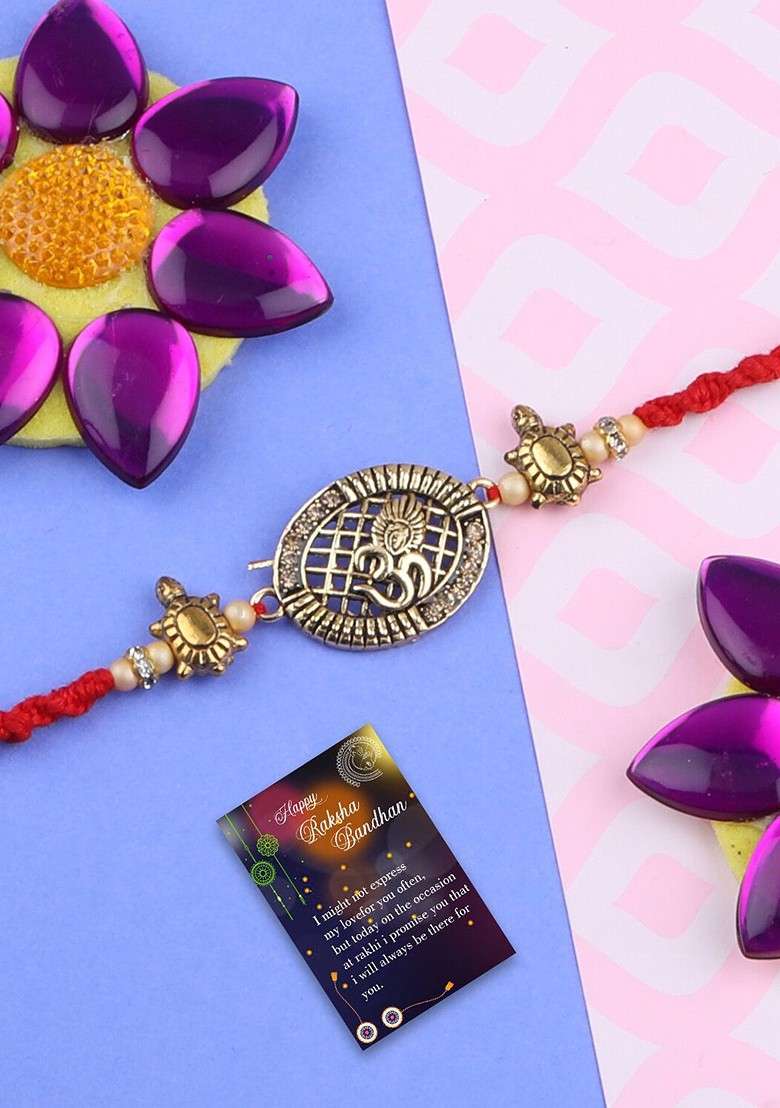 Unisex Set Of 2 Bhaiya Bhabhi Rakhi With Greeting Card And Roli Chawal - Indya