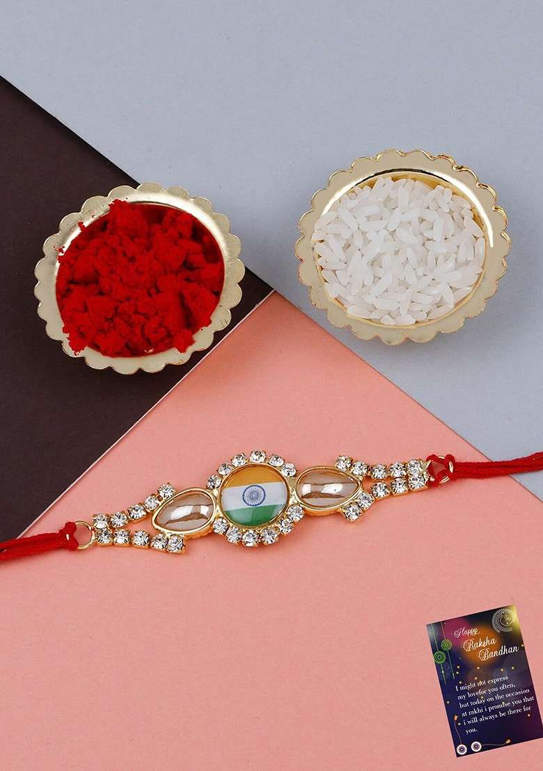 Set Of 2 Charm Studded Thread Rakhi With Greeting Card And Roli Chawal - Indya