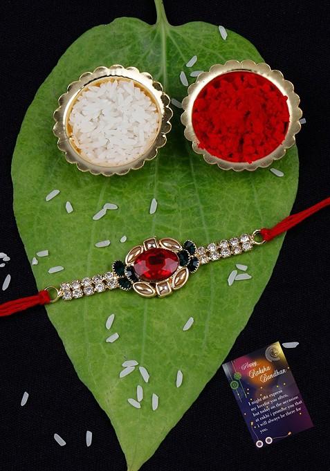 Set Of 2 Bada Bhai And Stone Rakhi With Roli Rice And Greeting Card