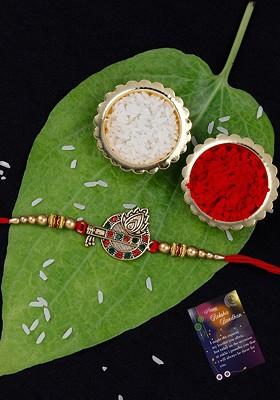 Unisex Set Of 2 Studded And Bhai Charm Rakhi With Greeting Card And Roli Chawal