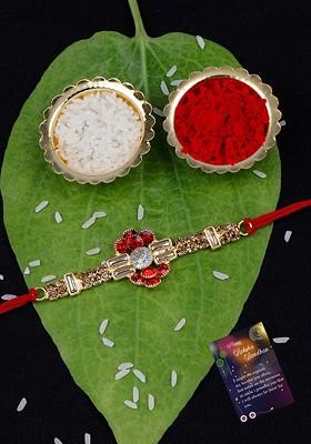 Unisex Set Of 2 Beaded Rakhi With Roli And Rice With Greeting Card