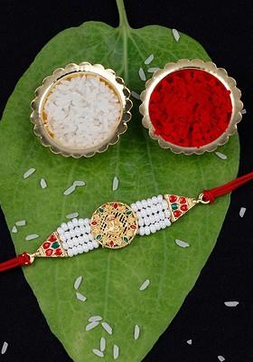Unisex Set Of 2 Bro And Ganesh Charm Thread Rakhi And Roli Rice And Greeting Card