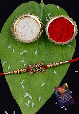 Men Set Of 2 Stone Studded And Beaded Rakhi With Roli Rice And Greeting