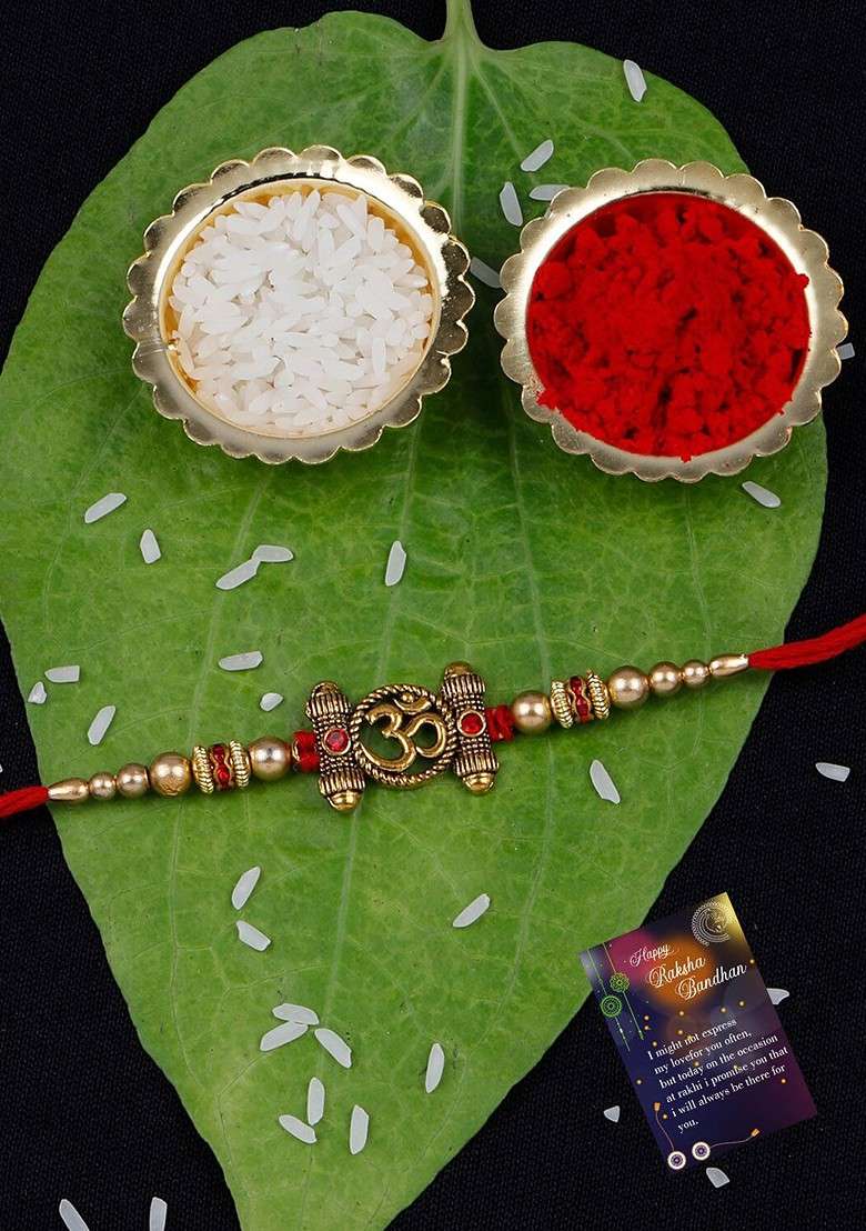Men Set Of 2 Stone Studded And Beaded Rakhi With Roli Rice And Greeting - Indya