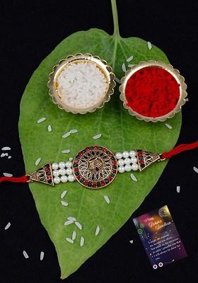 Unisex Set Of 2 Gold Toned And Red Beaded Rakhis With Roli Rice And Card