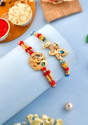 Unisex Set Of 2 Stone Studded And Beaded Rakhi With Roli Rice And Card