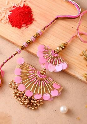 Set Of 2 Stone Studded And Beaded Rakhi With Roli Chawal And Greeting Card