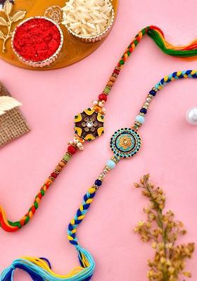 Unisex Set Of 2 Beaded Rakhi With Roli Rice And Greeting Card