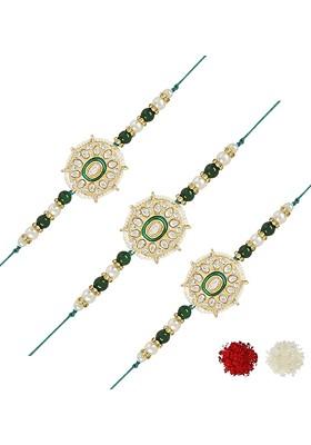 Set Of 3 Kundan Studded And Beaded Thread Rakhis