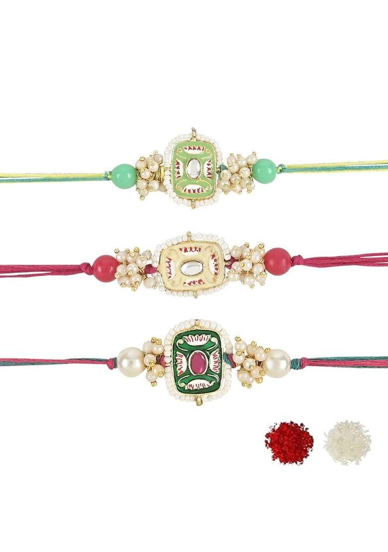 Set Of 3 Kundan Studded And Beaded Thread Rakhis - Indya