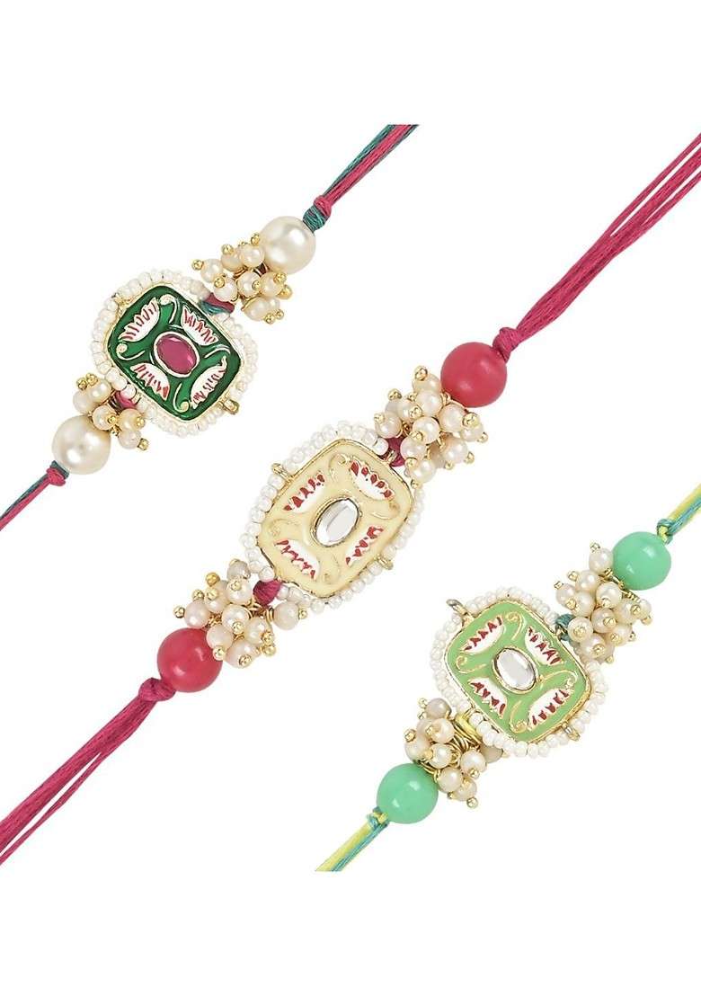 Set Of 3 Kundan Studded And Beaded Thread Rakhis - Indya