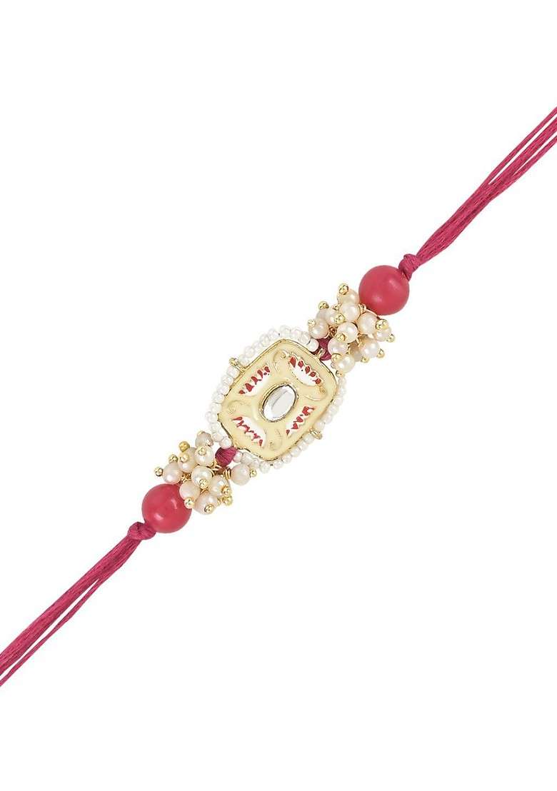 Set Of 3 Kundan Studded And Beaded Thread Rakhis - Indya