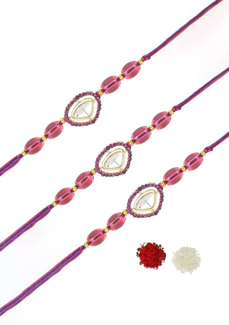 Set Of 3 Kundan Studded And Beaded Rakhi - Indya