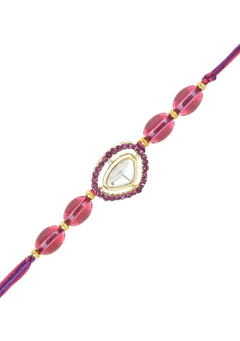 Set Of 3 Kundan Studded And Beaded Rakhi - Indya