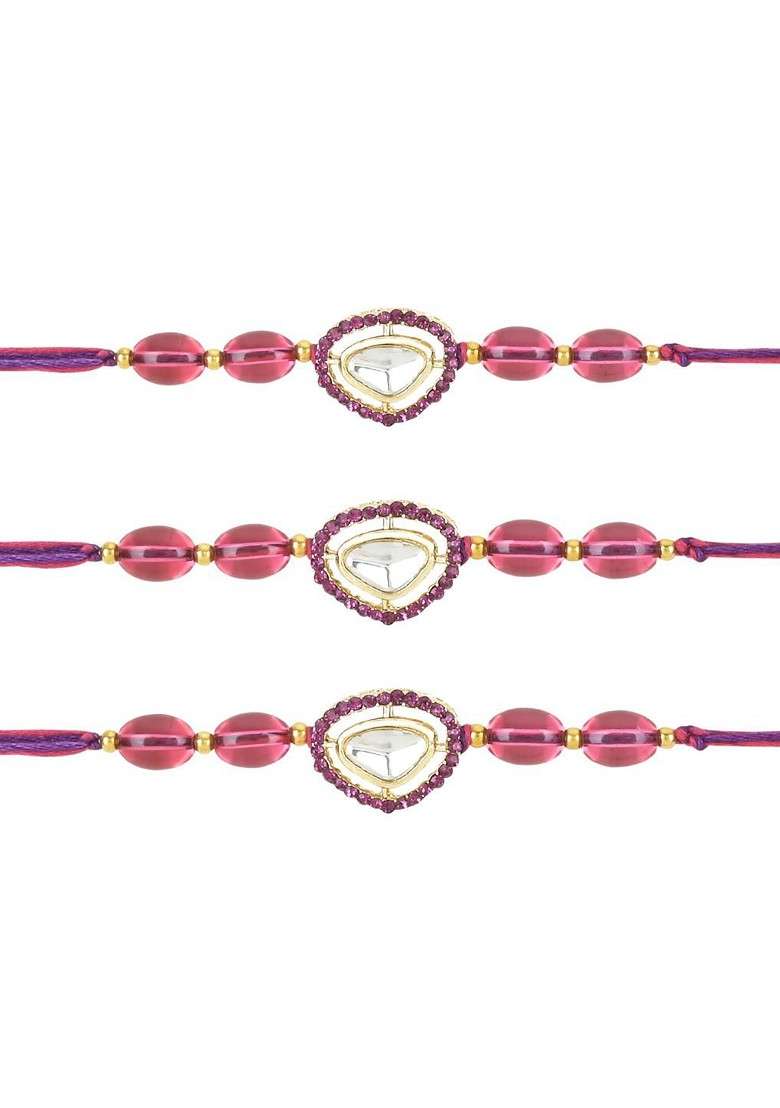 Set Of 3 Kundan Studded And Beaded Rakhi - Indya
