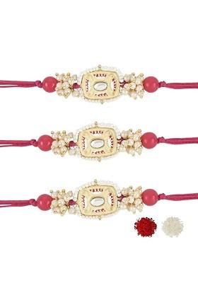 Set Of 3 Kundan Stones Studded And Beaded Rakhis