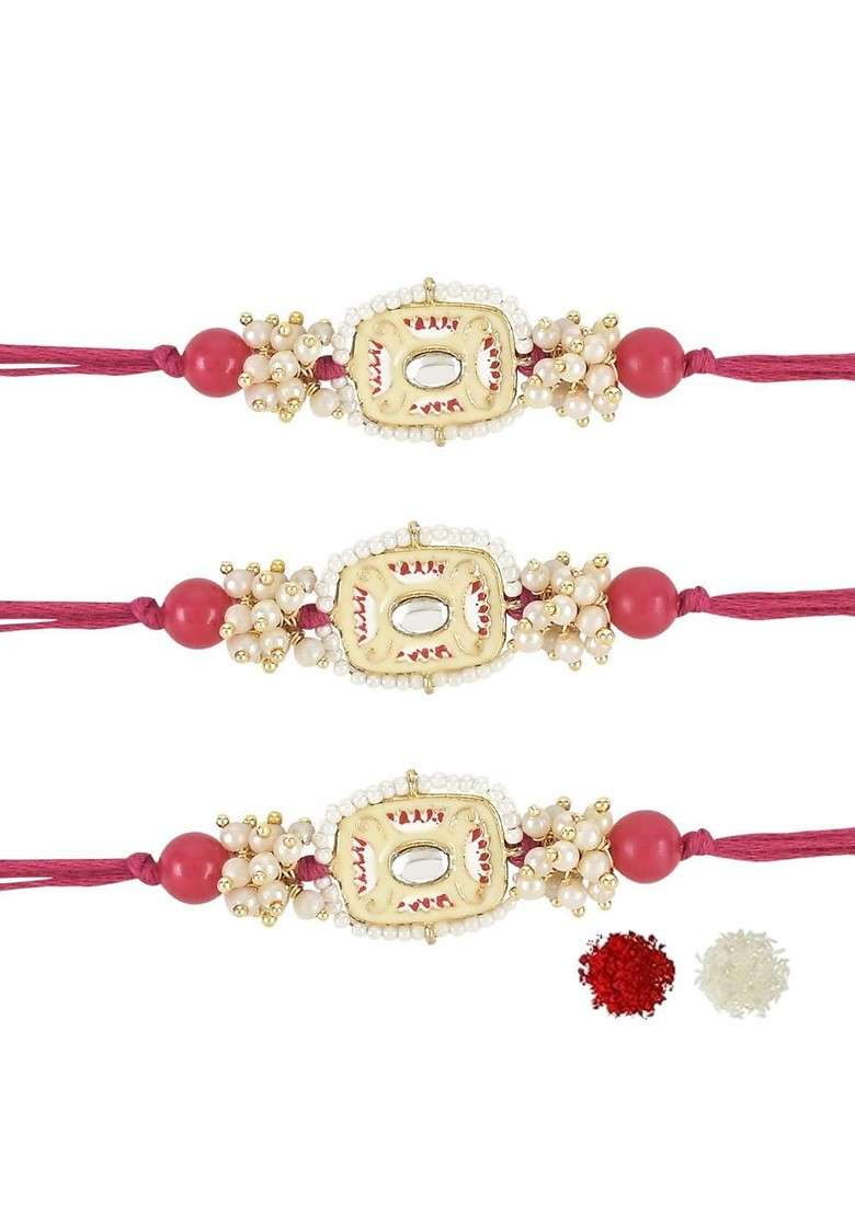 Set Of 3 Kundan Stones Studded And Beaded Rakhis - Indya