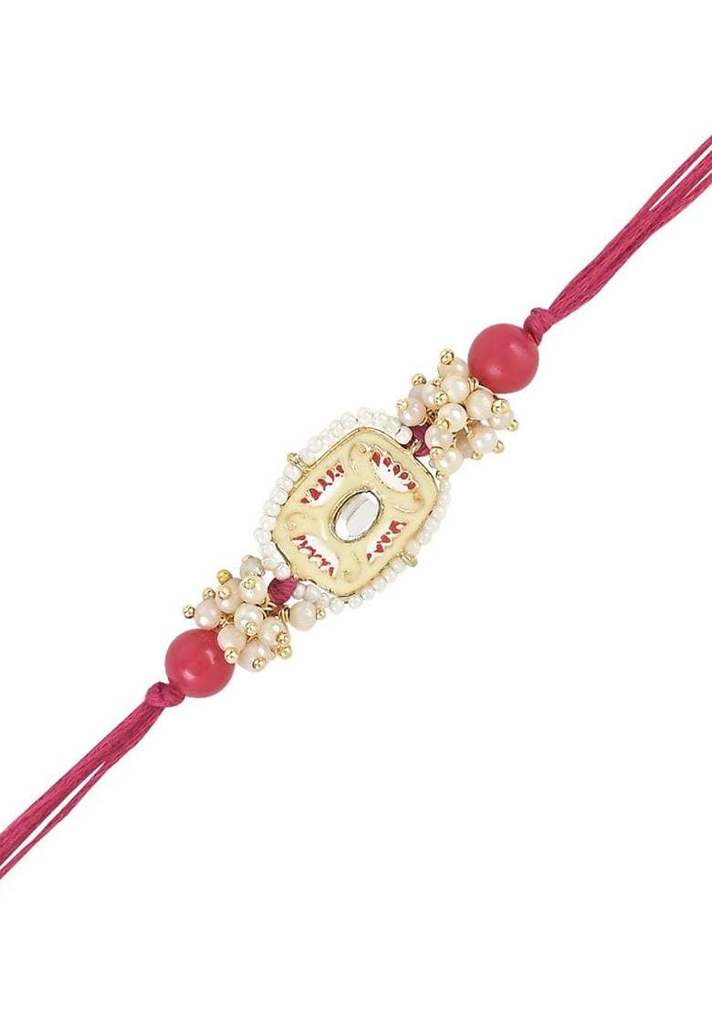 Set Of 3 Kundan Stones Studded And Beaded Rakhis - Indya