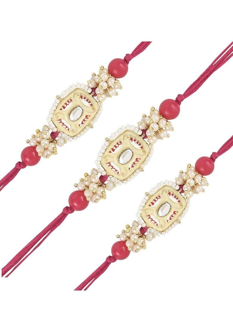 Set Of 3 Kundan Stones Studded And Beaded Rakhis - Indya