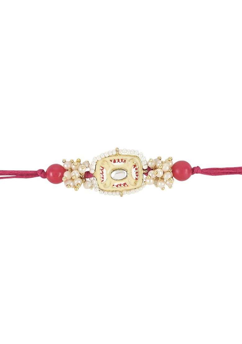 Set Of 3 Kundan Stones Studded And Beaded Rakhis - Indya