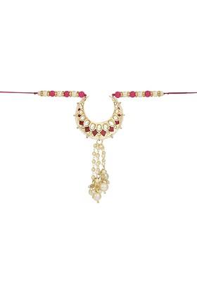 Women Kundan Studded And Pearls Beaded Hanging Lumba Thread Rakhi