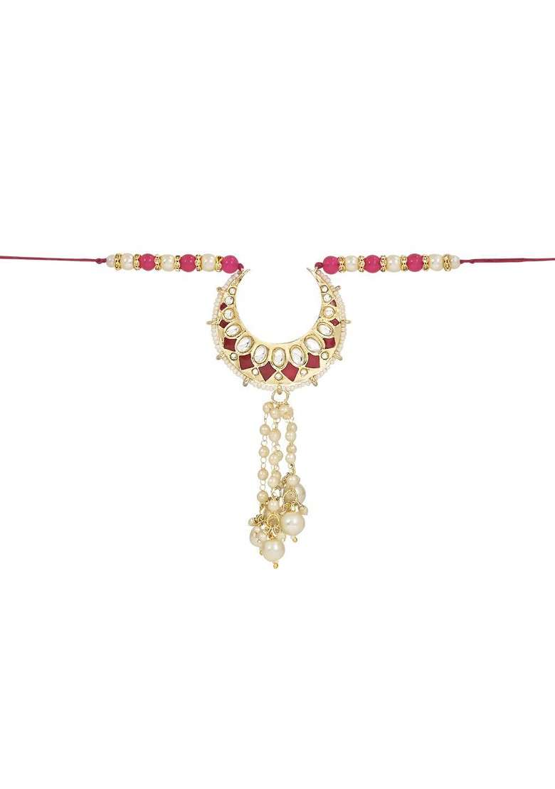 Women Kundan Studded And Pearls Beaded Hanging Lumba Thread Rakhi - Indya