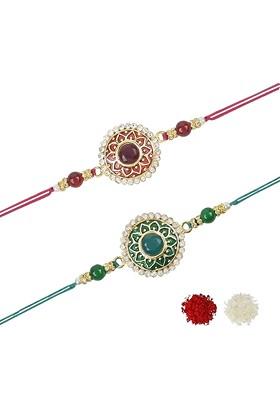 Set Of 2 Kundan Studded And Beaded Thread Rakhis
