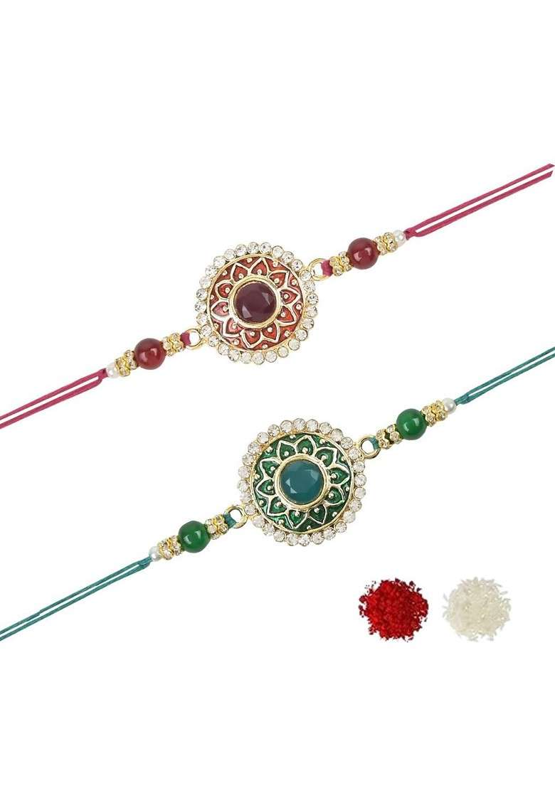 Set Of 2 Kundan Studded And Beaded Thread Rakhis - Indya