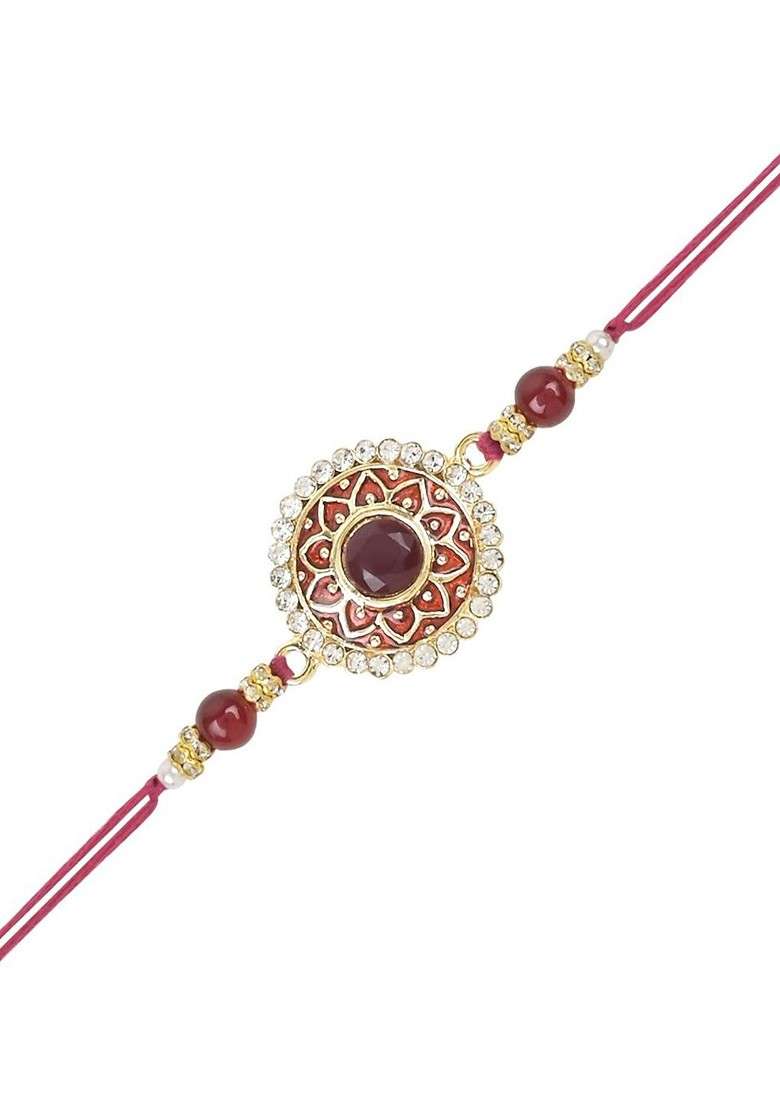 Set Of 2 Kundan Studded And Beaded Thread Rakhis - Indya