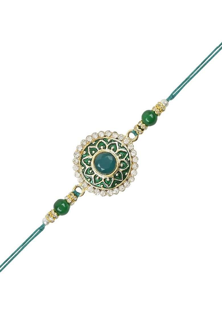 Set Of 2 Kundan Studded And Beaded Thread Rakhis - Indya