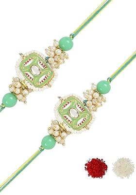 Set Of 2 Kundan Studded And Beaded Rakhis