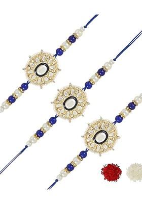 Set Of 3 Kundan Stones Studded And Beaded Rakhis