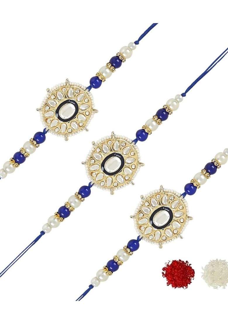 Set Of 3 Kundan Stones Studded And Beaded Rakhis - Indya