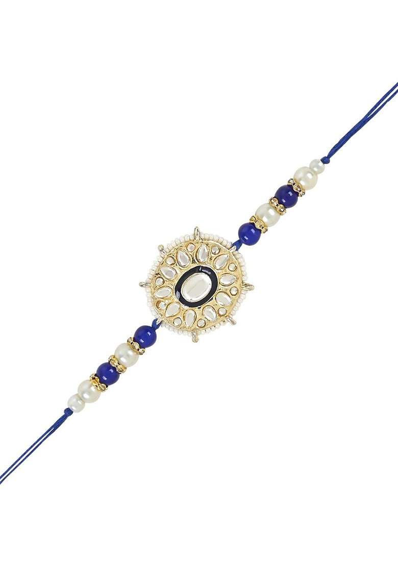 Set Of 3 Kundan Stones Studded And Beaded Rakhis - Indya