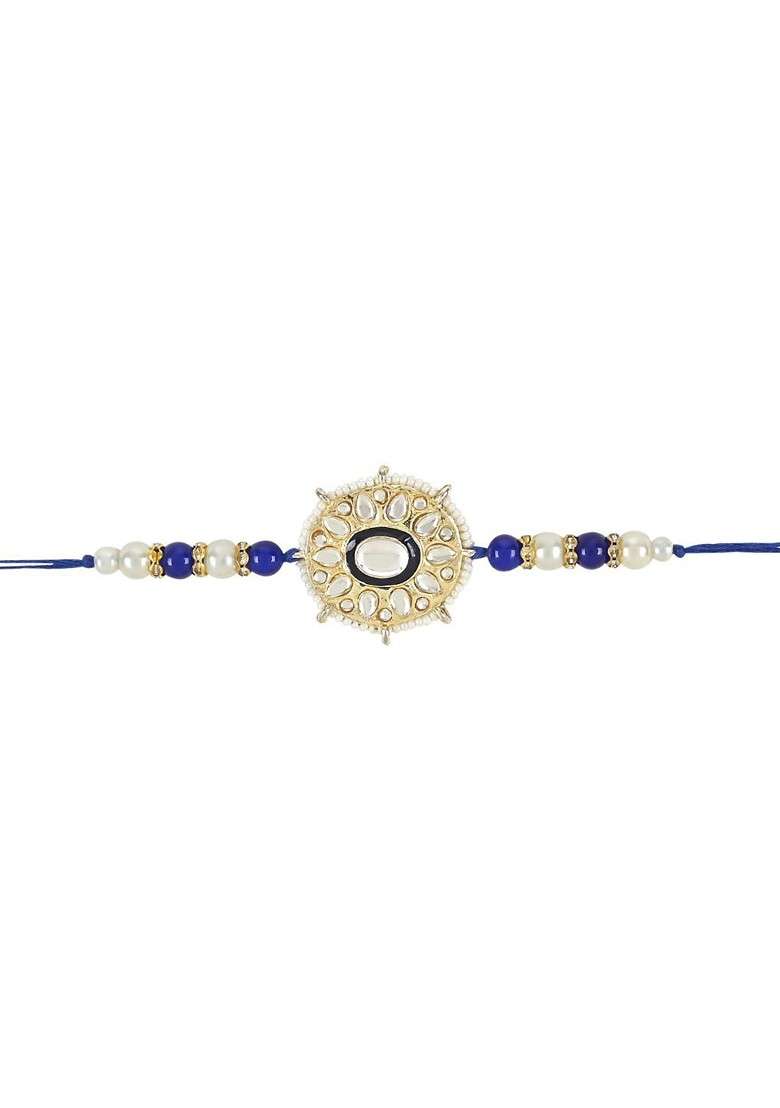 Set Of 3 Kundan Stones Studded And Beaded Rakhis - Indya