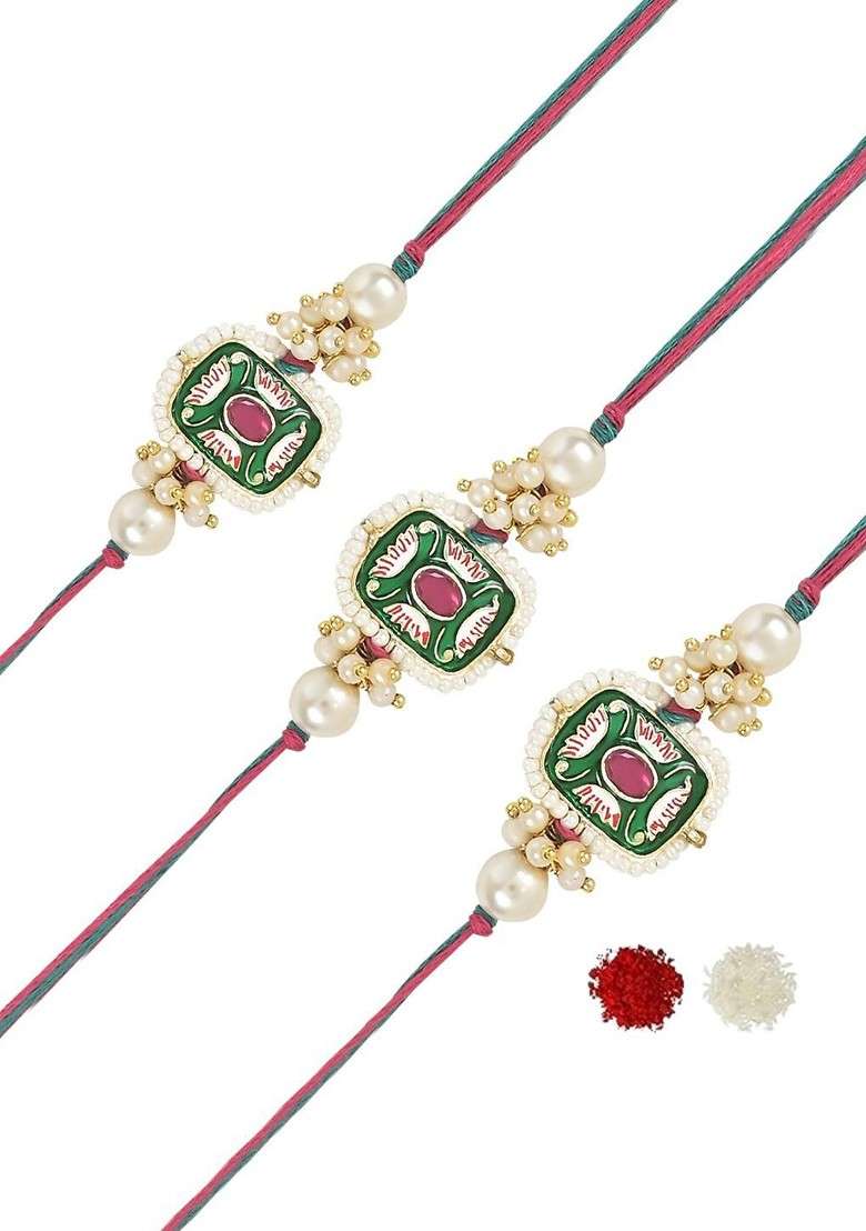 Set Of 3 Kundan Studded And Pearls Beaded Thread Rakhis - Indya