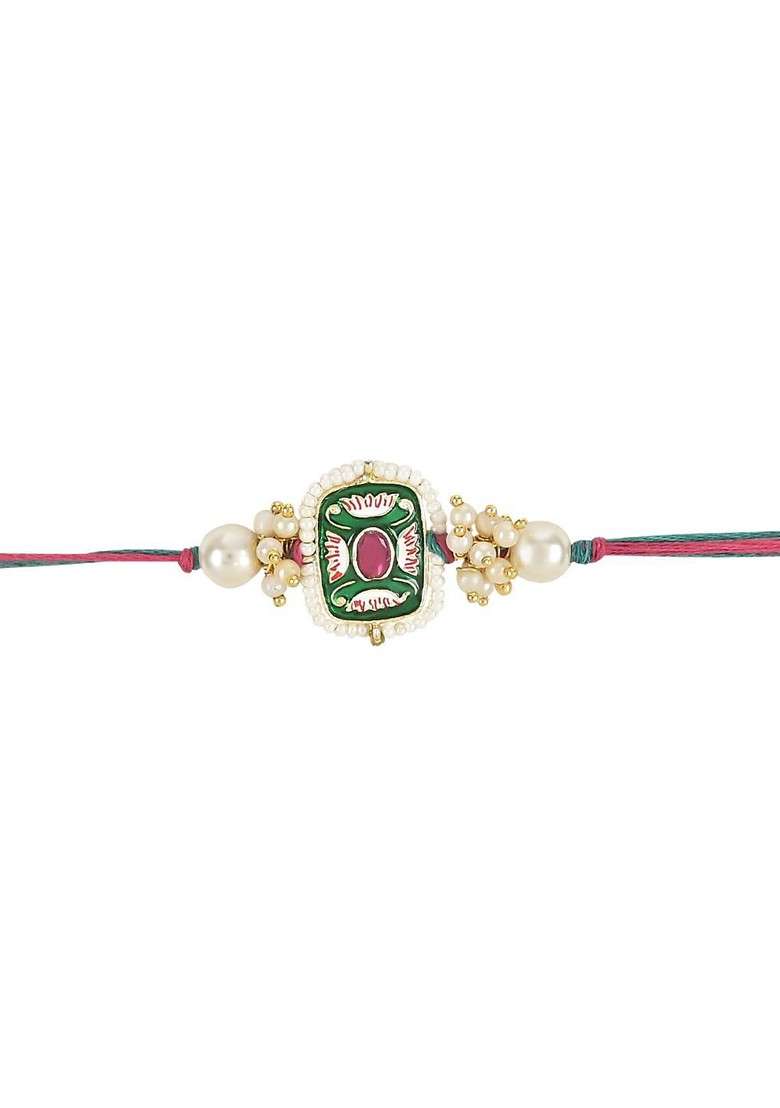 Set Of 3 Kundan Studded And Pearls Beaded Thread Rakhis - Indya